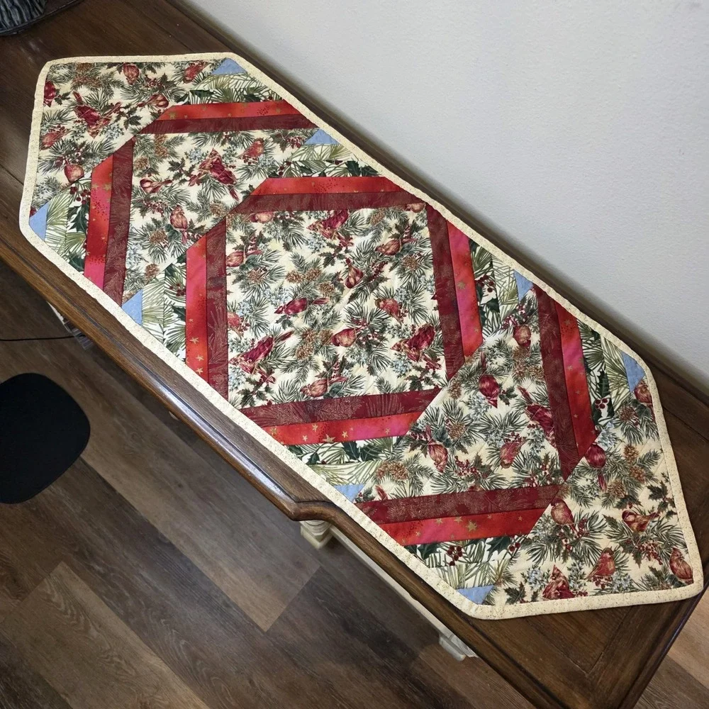 Reversible Christmas Thanksgiving Quilted Table Runner Handmade 14.5x40